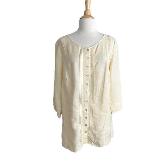 AVENUE Pale Yellow Pintuck Linen Blend Tunic Blouse Mother of Pearl Button Front - Picture 3 of 14